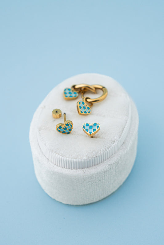 Checkered Blue Heart Studs