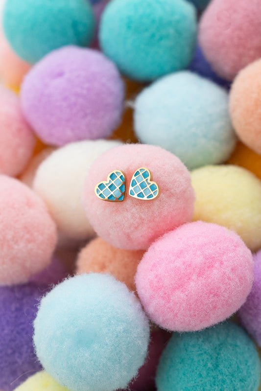 Checkered Blue Heart Studs